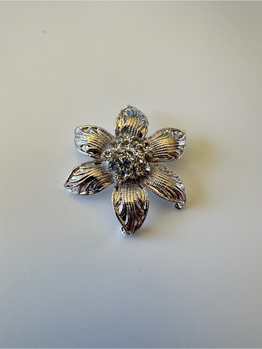 Silver Floral Crystal Brooch - Elegant Flower Pin